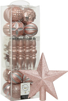 Decoris 30x st kunststof kerstballen, ornamenten en piek lichtroze
