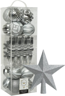 Decoris 30x st kunststof kerstballen, ornamenten en piek zilver
