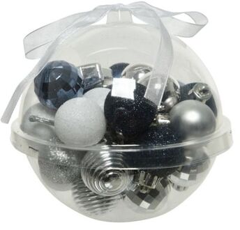 Decoris 30x stuks kleine kunststof kerstballen donkerblauw/wit/zilver 3 cm - Kerstbal Multikleur