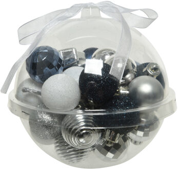 Decoris 30x stuks kleine kunststof kerstballen donkerblauw/wit/zilver 3 cm Multi