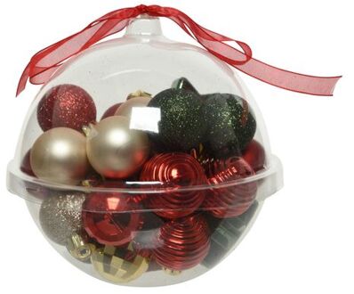 Decoris 30x stuks kleine kunststof kerstballen rood/donkergroen/champagne 3 cm - Kerstbal Multikleur
