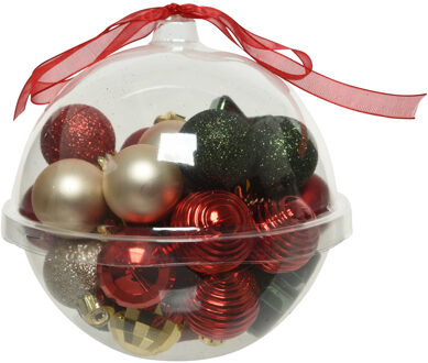 Decoris 30x stuks kleine kunststof kerstballen rood/donkergroen/champagne 3 cm Multi