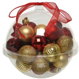 Decoris 30x stuks kleine kunststof kerstballen rood/donkerrood/goud 3 cm - Kerstbal Multikleur