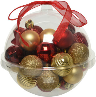 Decoris 30x stuks kleine kunststof kerstballen rood/donkerrood/goud 3 cm