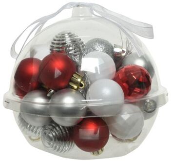 Decoris 30x stuks kleine kunststof kerstballen rood/wit/zilver 3 cm - Kerstbal Multikleur