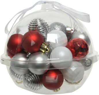Decoris 30x stuks kleine kunststof kerstballen rood/wit/zilver 3 cm Multi