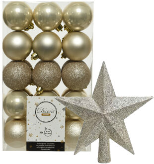 Decoris 30x stuks kunststof kerstballen 6 cm inclusief ster piek champagne - Kerstbal Champagnekleurig