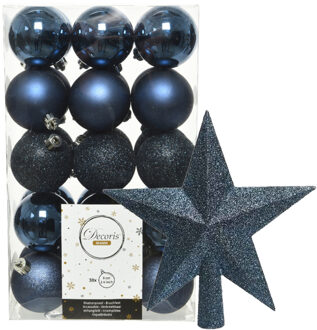 Decoris 30x stuks kunststof kerstballen 6 cm inclusief ster piek donkerblauw