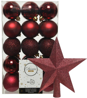 Decoris 30x stuks kunststof kerstballen 6 cm inclusief ster piek donkerrood