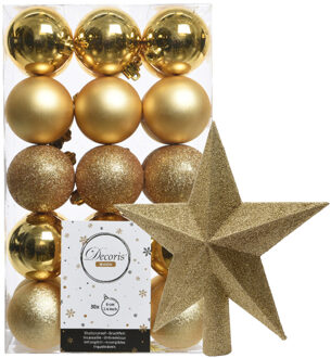 Decoris 30x stuks kunststof kerstballen 6 cm inclusief ster piek goud - Kerstbal Goudkleurig