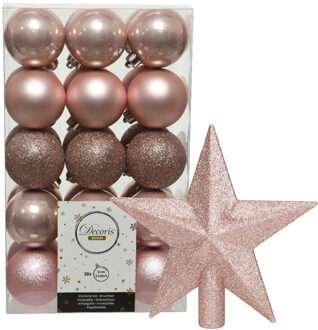 Decoris 30x stuks kunststof kerstballen 6 cm inclusief ster piek lichtroze - Kerstbal