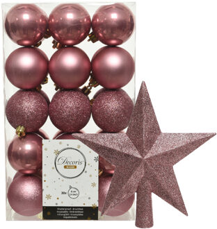 Decoris 30x stuks kunststof kerstballen 6 cm inclusief ster piek oudroze