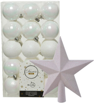 Decoris 30x stuks kunststof kerstballen 6 cm inclusief ster piek parelmoer wit - Kerstbal