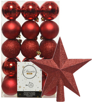 Decoris 30x stuks kunststof kerstballen 6 cm inclusief ster piek rood