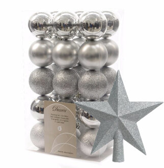 Decoris 30x stuks kunststof kerstballen 6 cm inclusief ster piek zilver