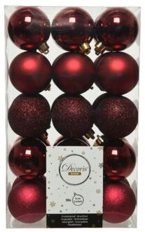 Decoris 30x stuks kunststof kerstballen donkerrood (oxblood) 6 cm glans/mat/glitter - Kerstbal
