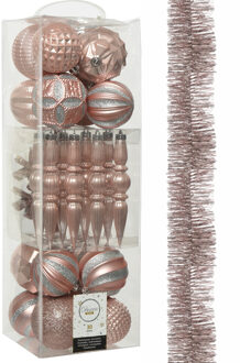 Decoris 30x stuks kunststof kerstballen en ornamenten met slinger lichtroze