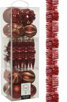 Decoris 30x stuks kunststof kerstballen en ornamenten met slinger rood - Kerstbal