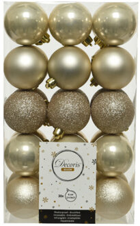 Decoris 30x stuks kunststof kerstballen licht parel/champagne 6 cm glans/mat/glitter