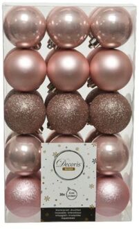 Decoris 30x stuks kunststof kerstballen lichtroze (blush) 6 cm glans/mat/glitter - Kerstbal