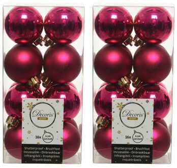 Decoris 32x Bessen roze kleine kerstballen 4 cm kunststof mat/glans