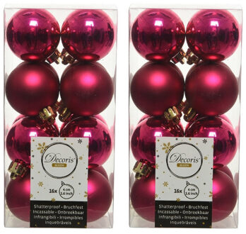 Decoris 32x Kunststof kerstballen glanzend/mat bessen roze 4 cm kerstboom versiering/decoratie - Kerstbal