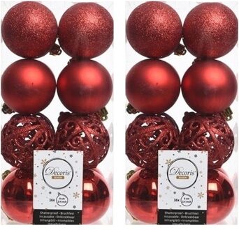 Decoris 32x Kunststof kerstballen mix kerst rood 6 cm kerstboom versiering/decoratie - Kerstbal