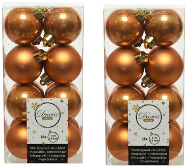 Decoris 32x stuks kunststof kerstballen cognac bruin (amber) 4 cm glans/mat
