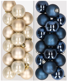 Decoris 32x stuks kunststof kerstballen mix van champagne en donkerblauw 4 cm - Kerstbal