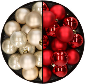 Decoris 32x stuks kunststof kerstballen mix van champagne en rood 4 cm