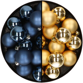 Decoris 32x stuks kunststof kerstballen mix van donkerblauw en goud 4 cm - Kerstbal Goudkleurig