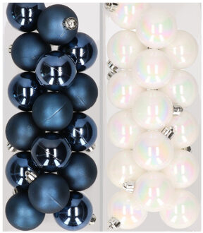 Decoris 32x stuks kunststof kerstballen mix van donkerblauw en parelmoer wit 4 cm