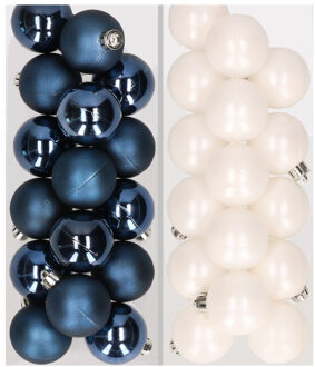 Decoris 32x stuks kunststof kerstballen mix van donkerblauw en wit 4 cm