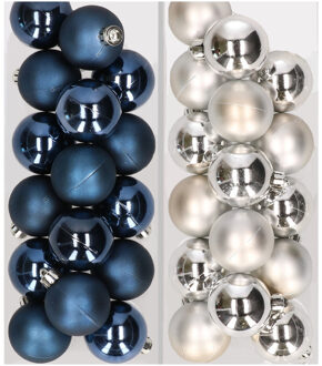 Decoris 32x stuks kunststof kerstballen mix van donkerblauw en zilver 4 cm - Kerstbal Zilverkleurig