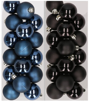 Decoris 32x stuks kunststof kerstballen mix van donkerblauw en zwart 4 cm