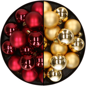 Decoris 32x stuks kunststof kerstballen mix van donkerrood en goud 4 cm - Kerstbal