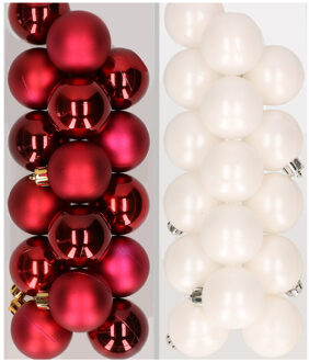 Decoris 32x stuks kunststof kerstballen mix van donkerrood en wit 4 cm