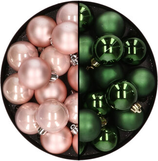 Decoris 32x stuks kunststof kerstballen mix van lichtroze en donkergroen 4 cm
