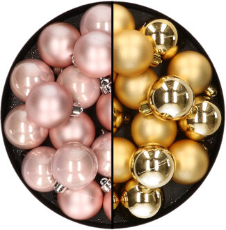 Decoris 32x stuks kunststof kerstballen mix van lichtroze en goud 4 cm - Kerstbal