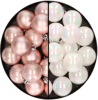 Decoris 32x stuks kunststof kerstballen mix van lichtroze en parelmoer wit 4 cm