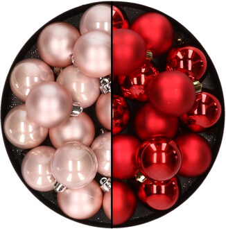 Decoris 32x stuks kunststof kerstballen mix van lichtroze en rood 4 cm - Kerstbal