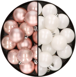 Decoris 32x stuks kunststof kerstballen mix van lichtroze en wit 4 cm