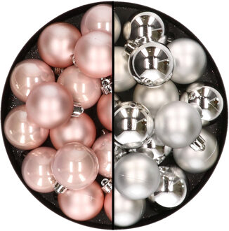 Decoris 32x stuks kunststof kerstballen mix van lichtroze en zilver 4 cm