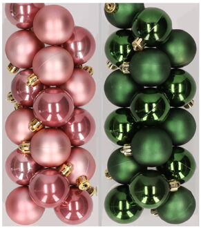 Decoris 32x stuks kunststof kerstballen mix van oudroze en donkergroen 4 cm - Kerstbal