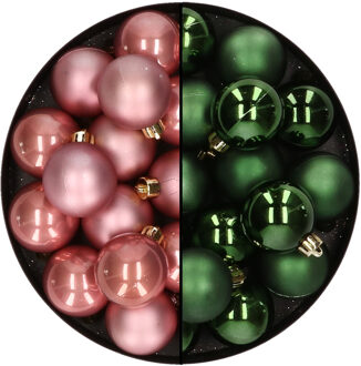 Decoris 32x stuks kunststof kerstballen mix van oudroze en donkergroen 4 cm
