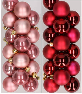 Decoris 32x stuks kunststof kerstballen mix van oudroze en donkerrood 4 cm - Kerstbal