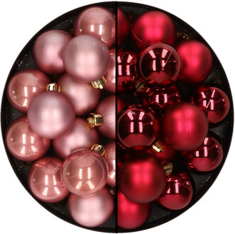 Decoris 32x stuks kunststof kerstballen mix van oudroze en donkerrood 4 cm - Kerstbal