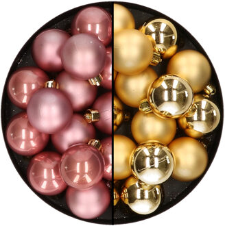 Decoris 32x stuks kunststof kerstballen mix van oudroze en goud 4 cm - Kerstbal