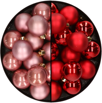 Decoris 32x stuks kunststof kerstballen mix van oudroze en rood 4 cm