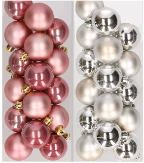 Decoris 32x stuks kunststof kerstballen mix van oudroze en zilver 4 cm